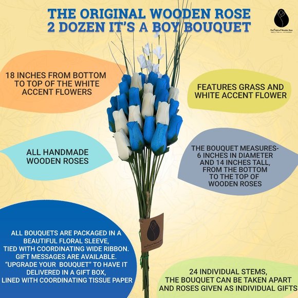 2 Dozen It's A Boy Light Blue and White The Original Wooden Rose Flower Bouquet - Picture 3 of 9